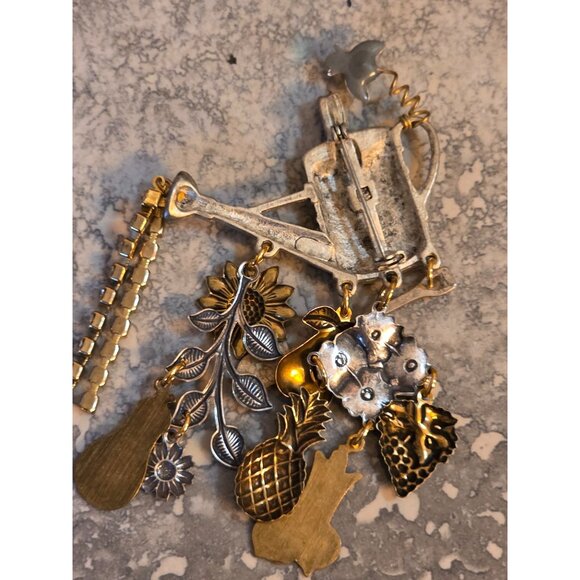 Vintage Silver & Gold Watering Can Brooch Crystals & Charms - Picture 3 of 6